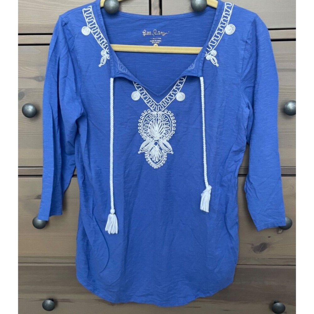 Lilly Pulitzer Size Medium 3/4 Sleeve V-Neck Tunic Top w/ Embroidery and Tassels